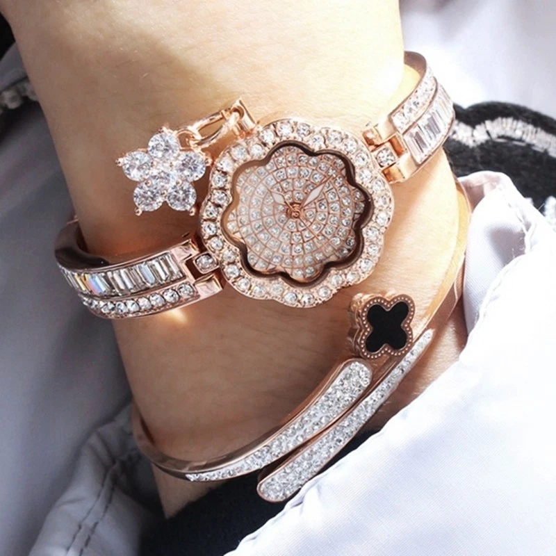 Women s Rose Gold Extra Sparking Full Crystal Flower Face Quartz Bracelet Watch