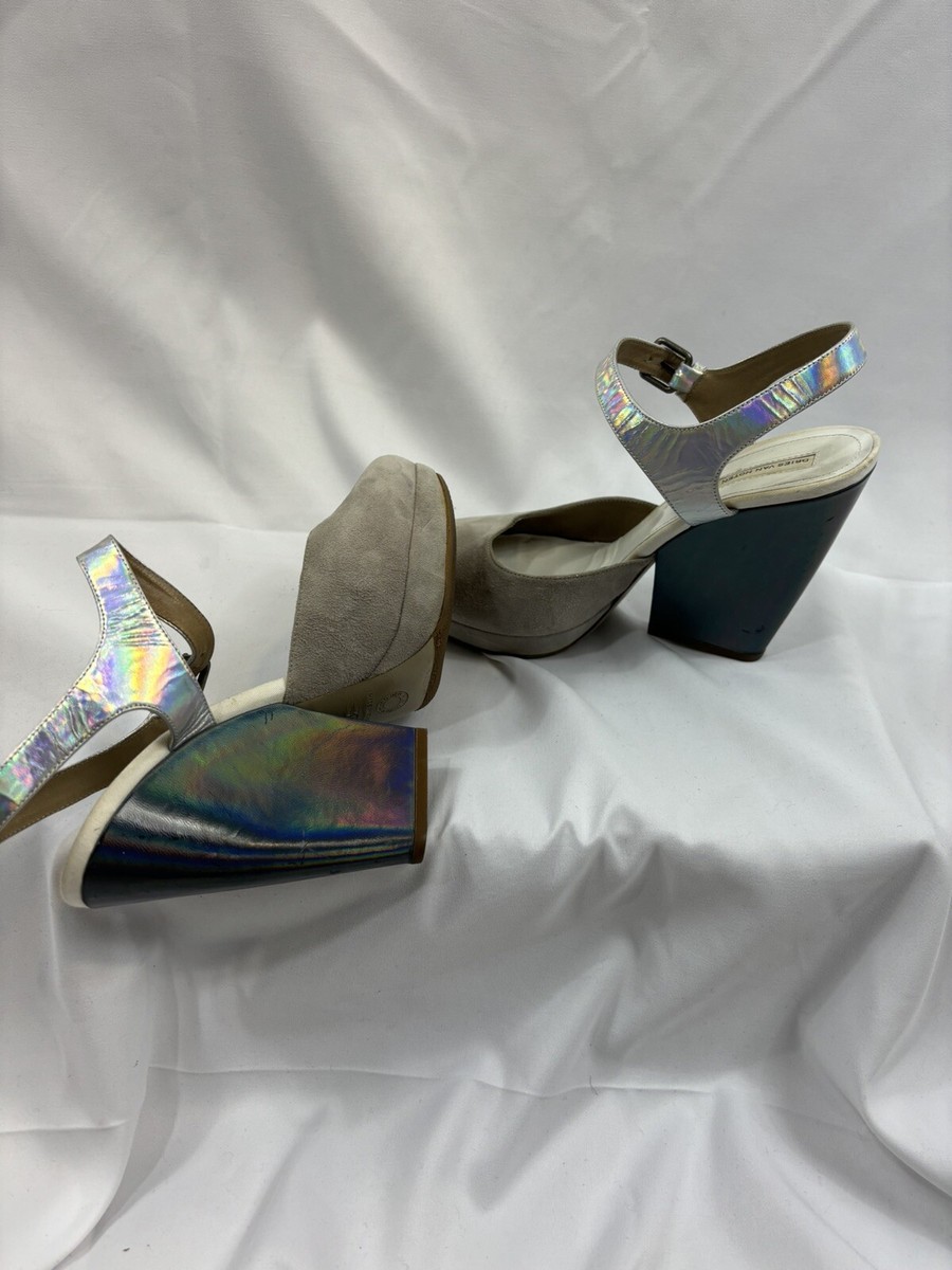 DRIES VAN NOTEN Iridescent Grey and Suede Platform Pumps, Size 40