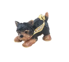 Whiskey the Yorkie Dog Pewter Bejeweled Hinged Miniature Trinket Box Kingspoint 