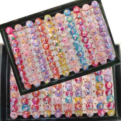 50Pcs Wholesale MixedLots Cute Bling Princess Ring Kids Resin party gift Jewelry
