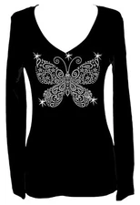 ALL RHINESTONE BUTTERFLY CLEAR BLING VNECK LONG SLEEVE WOMEN'S TEE SHIRT