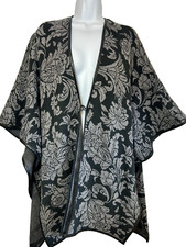 Soft Surroundings Wrap Shawl Poncho Black Gray Damask Cotton Blend OS