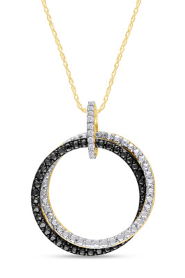 0.1CT Black &  Diamond Interlocking Circle Pendant In 14K Yellow Gold Plated