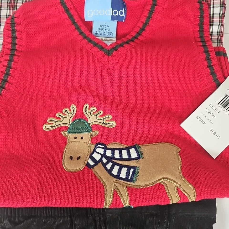 GOOD LAD мальчиков 7 красный свитер жилет и вельветовые брюки комплект новый с Ярлыками $68 Рождественский северный олень - Изображение 4 из 4