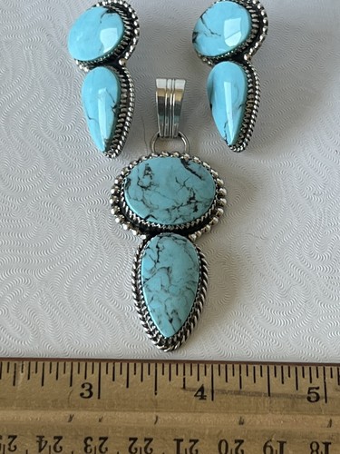Kingman Turquoise Avin Joe Sterling Silver Pendant Set Navajo S2833 - Picture 9 of 10