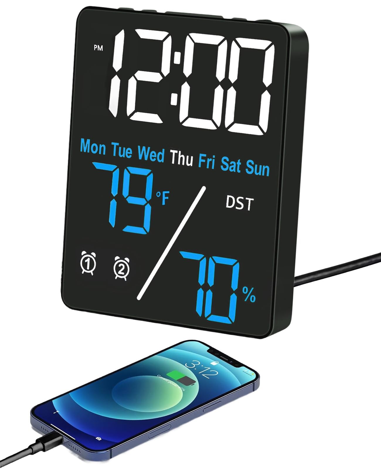 Digital LED Alarm Clock with Thermo-Hygrometer,Dual Alarms,Snooze,Date & Year...