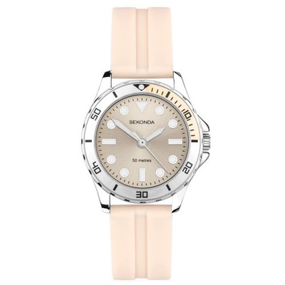 Sekonda Balearic 33 mm runde silberne Damen-Analoguhr mit pfirsichfarbenem Armband