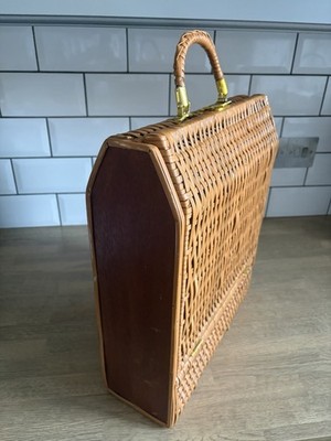 Vintage 60 70er Jahre 3 Weinflaschen Handgeflecht Rattan Korb Träger mit Verschluss
