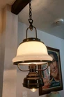 Victorian Oil Lamp Style Brass & Milk Glass Hanging Light Large American Example