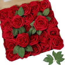 AmyHomie Artificial Flower Dark Red Rose 25pcs Real Looking Fake Roses w/Stem fo