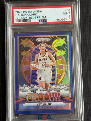 2025 Panini Prizm WNBA Caitlin Clark #10 Groovy - Blue 22/49 Jersey Match PSA 9
