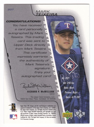 2001 SPx Mark Teixeira Auto RC #207 Rookies Young Stars Autograph #/1500 Rangers - Picture 2 of 2