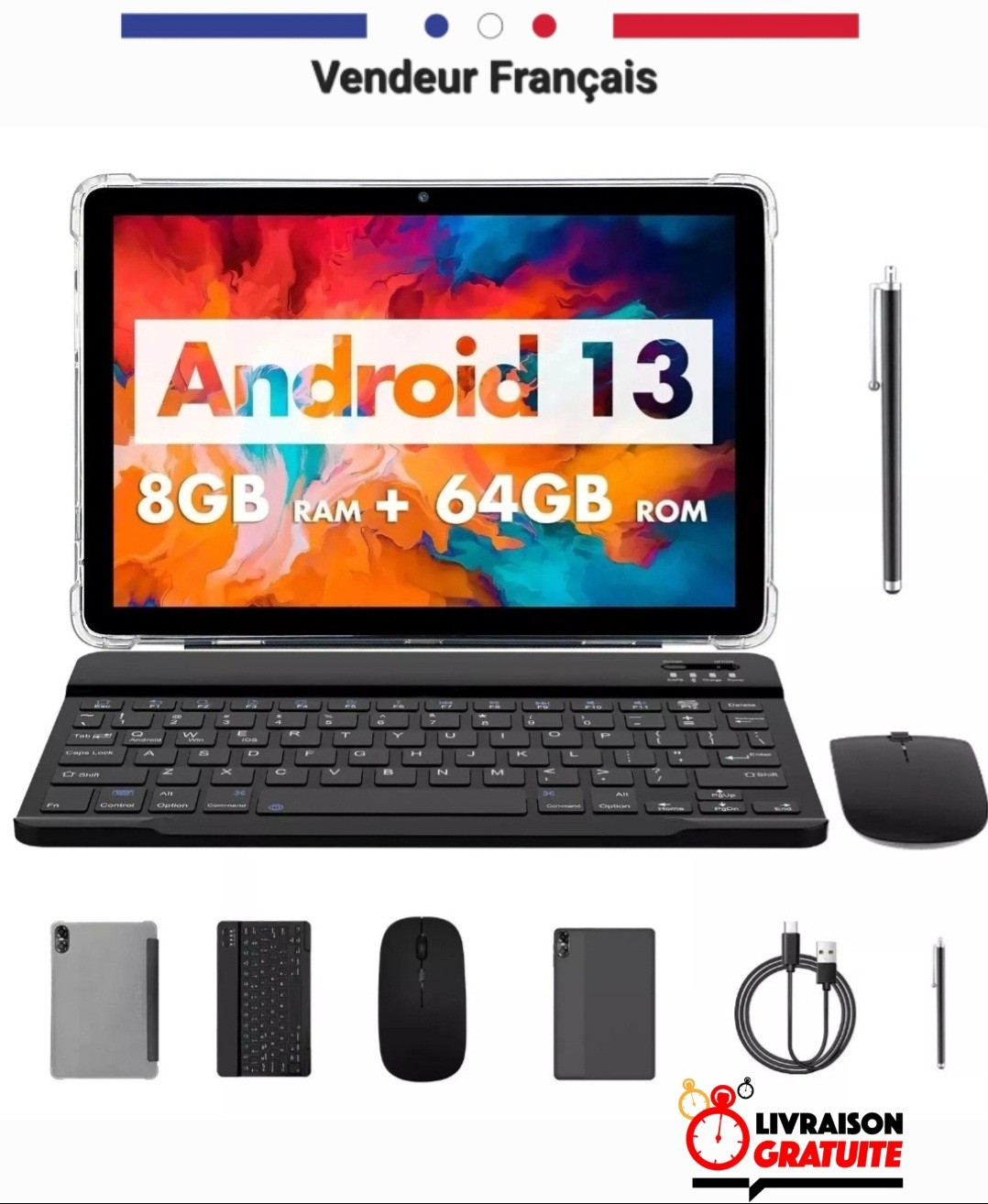 Tablette Android 13 Wifi 6 Haute Vitesse Écran HD 10.1" Capacité 64Go avec Connexion Bluetooth 5.2