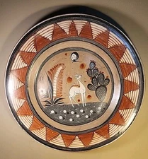 Large TONALA MEXICO Pottery Folk Art WALL PLATE Fawn & Cactus By J Campe LINDO