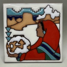 Southwestern Adobe Masterworks Handcrafted Art Tile Trivet Woman Pot Mesa, 6”