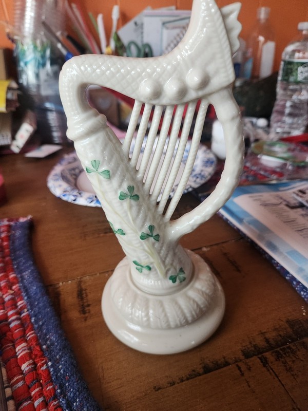 Vintage Belleek 8 Inch White Porcelain Harp With Green Shamrocks