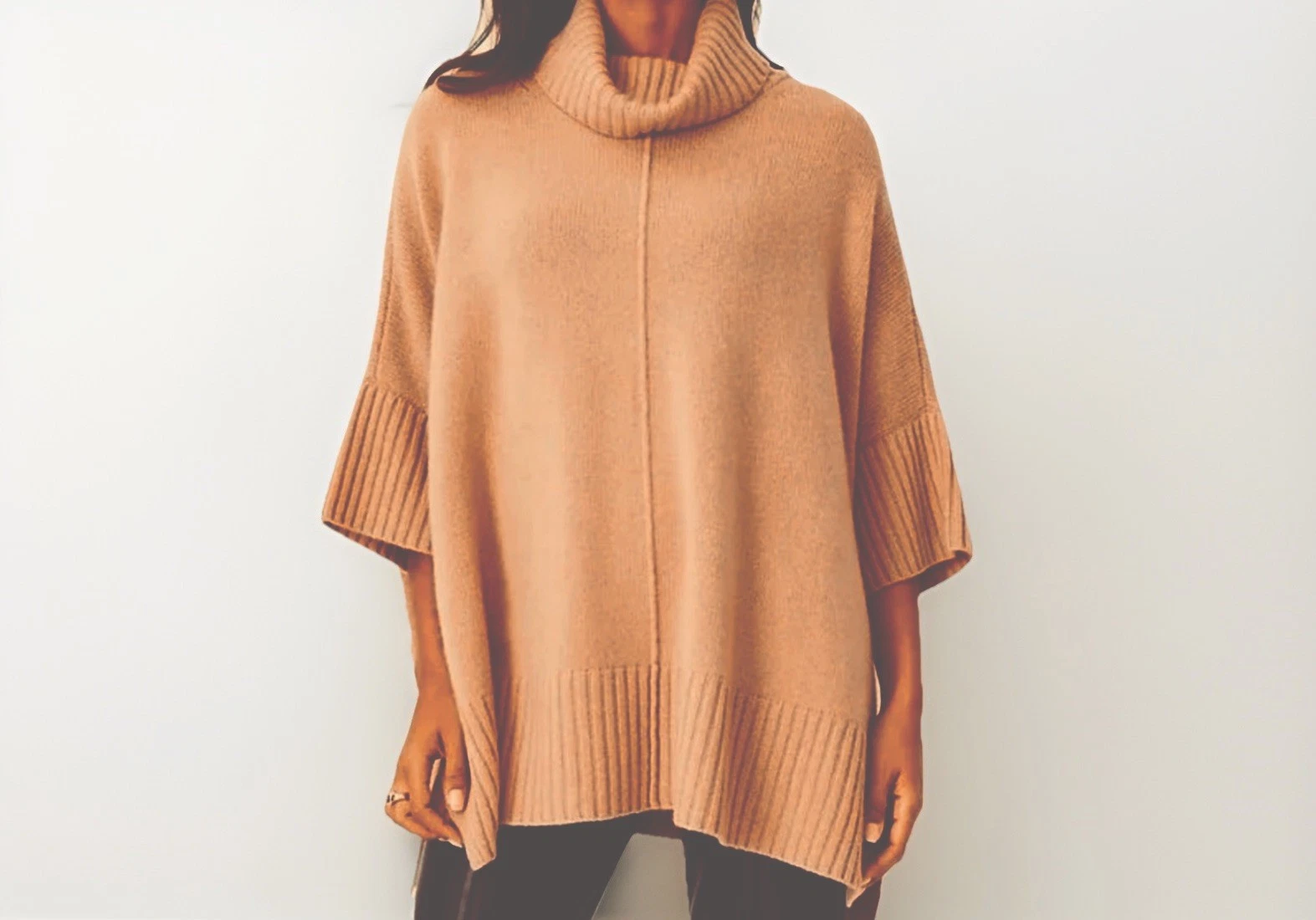 Ann Taylor 100% Cashmere Poncho Pullover Sweater Sz Small Turtleneck Tan Camel