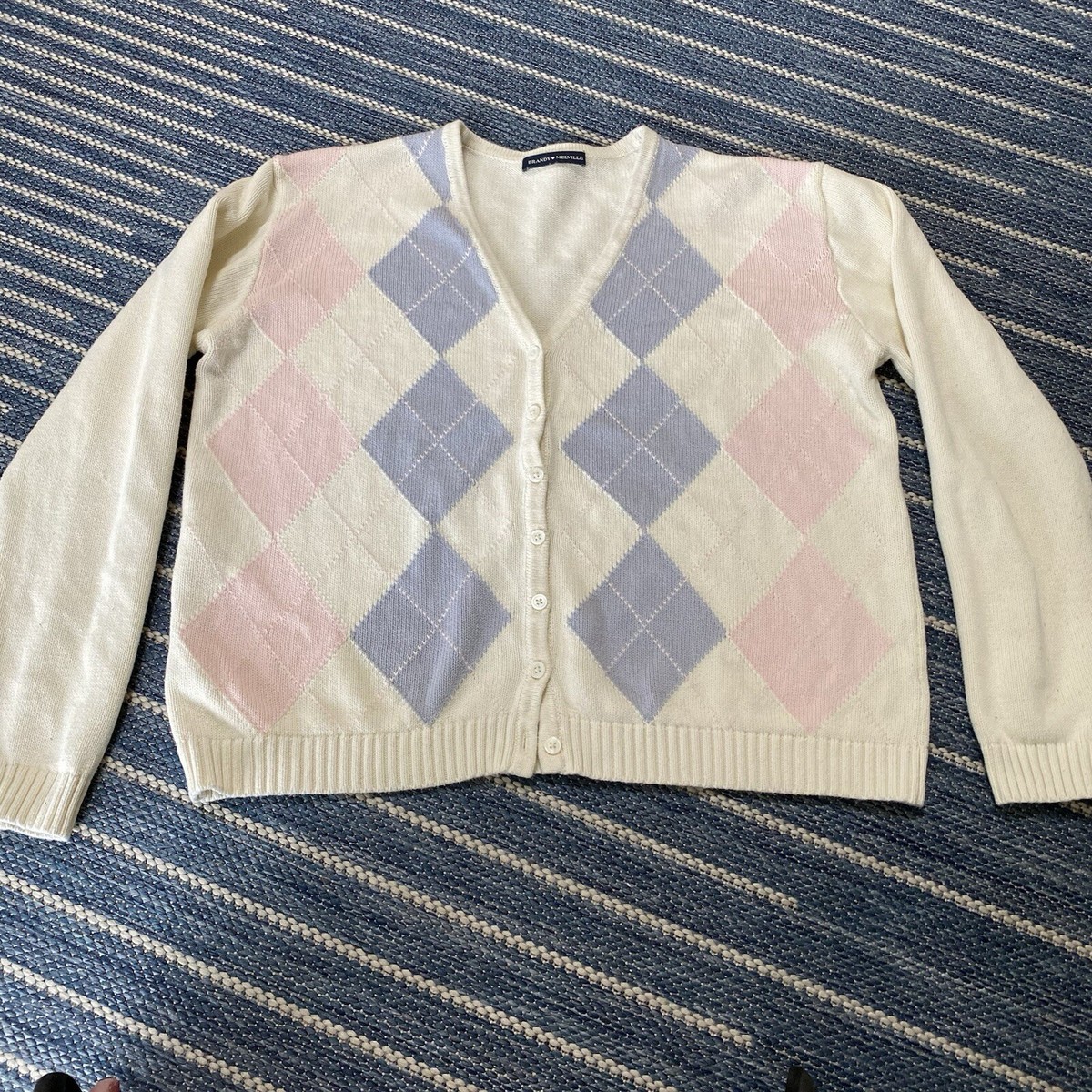 BRANDY MELVILLE White Cropped Cardigan W/Pink Blue Argyle Design