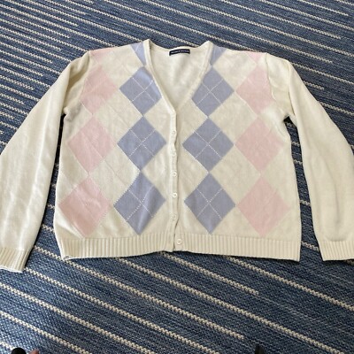 BRANDY MELVILLE White Cropped Cardigan W/Pink Blue Argyle
