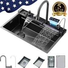 Flying Rain Waterfall Kitchen Sink 3 Install Way Pull Out Faucet Stainless Steel