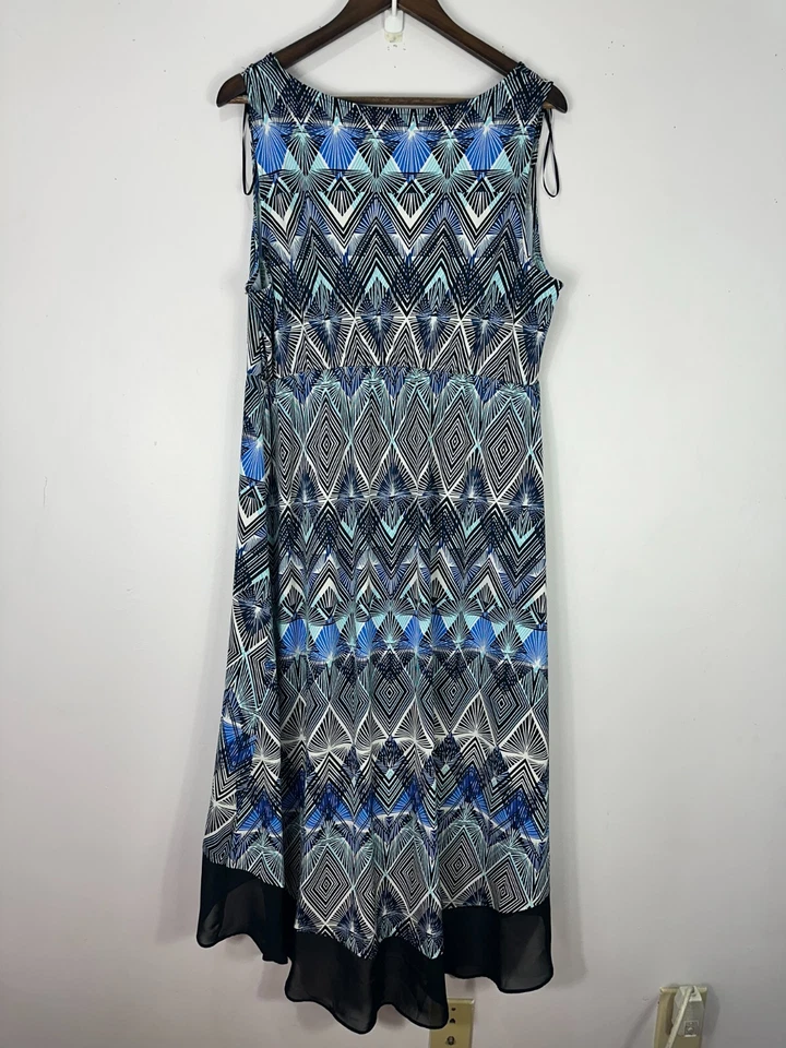 Vestido Notations 1X Azul Negro Estampado Geométrico Alto Bajo Sin Mangas Boho Art Deco Foto 3 de 4