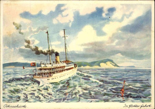Künstler-Postkarte Schiff "IN FLOTTER FAHRT" nach Aquarell von C.U. Michaelis