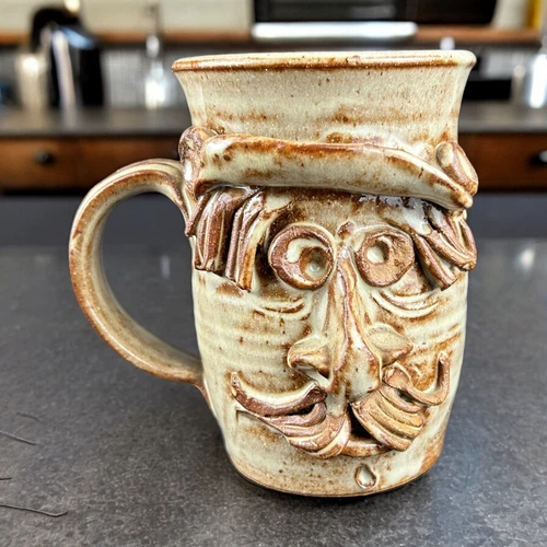Stoneware Ugly Funny Face Coffee Mug Handmade Art Pottery 3D Face Mug Mustache