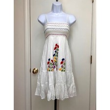 Raga White Spaghetti Strap Smocked Floral Embroidered Boho Summer Dress Sz XS