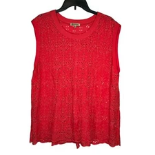 Democracy Womens Tops Tank Floral Eyelet Boxy Fit Sleeveless Pullover Red Sz. XL
