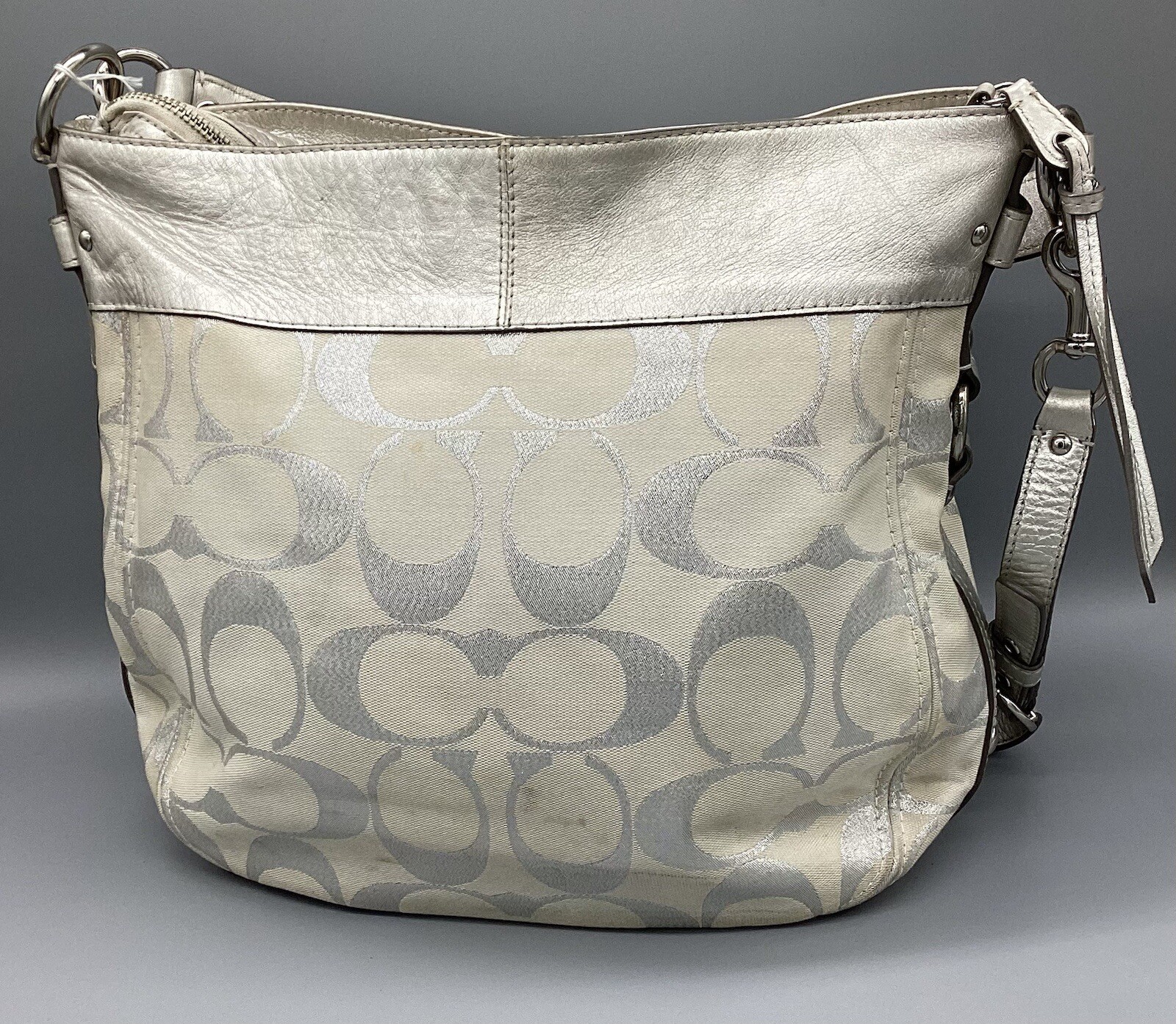 Large Silver Metallic Coach Zoe Signature Satchel/top… Gem