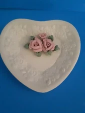 Porcelain Bisque Heart Shaped Trinket Ring Dish 5" Pink Roses -Estate Manor (F4)
