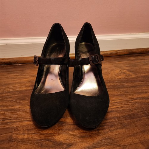 Merona Mary Jane Heels Black Suede Buckle Patent Leather Women's Size 8 Pumps - Picture 2 of 8