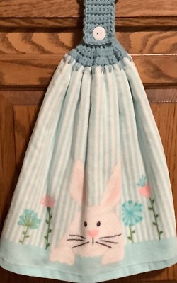 Double  hanging kitchen towel Easter rabbit flowers crocheted blue top