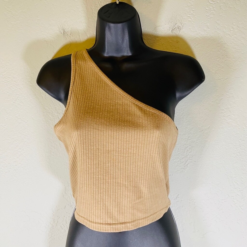 SHEIN Womens One Shoulder Crop Top in Camel Tan for Gym & Athletic Wear Size S
