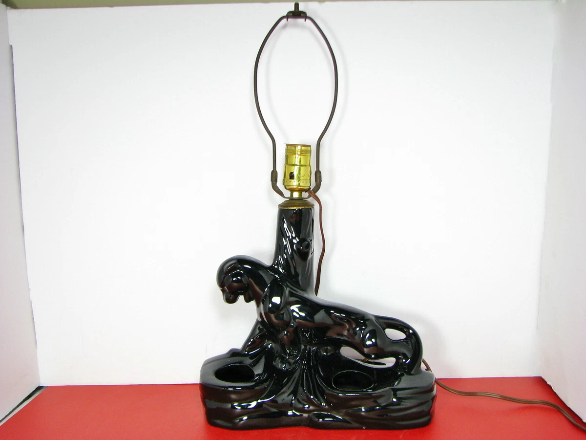 LARGE MID CENTURY BLACK PANTHER CERAMIC LAMP PLANTER BASE Royal Haeger Art Deco