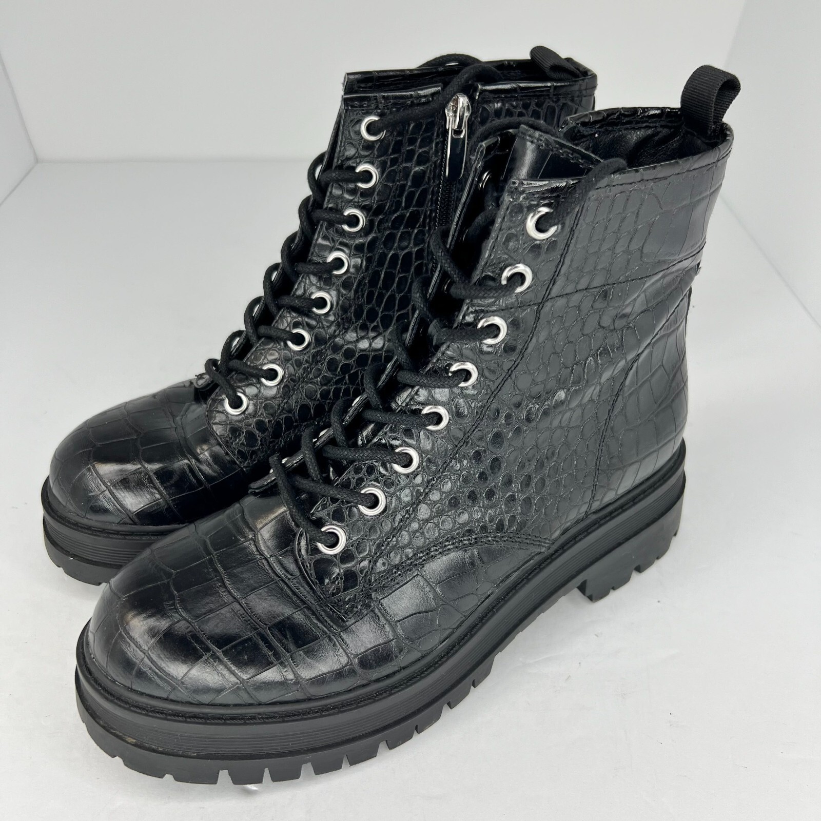 Nine Womens Black Croc Lace-Up Zip Combat Boots Size 6.5M