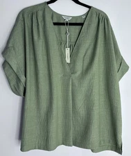 Max studio Women’s Plus Size 3X Green Textured Short Sleeve Blouse V-Neck NWT