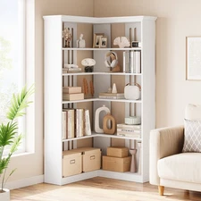 Corner Panel Bookcase Display Book Shelf 5 Tier Bookshelf with Storage White