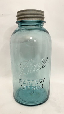 1922-23 Ball Perfect Mason Blue 1/2 Half Gallon #4 Jar w/ Milk Glass Lining Lid