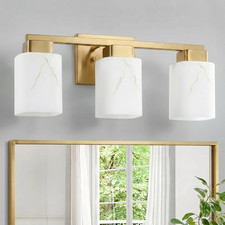 3-Light Square Bathroom Light Fixture, Gold Modern Vanity Light with White Marbl