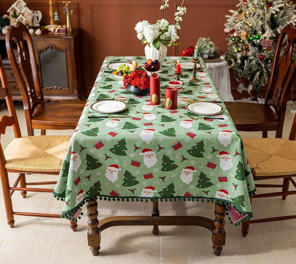 Christmas Trees Santa Reindeer Patchwork Tablecloth Dining Table Cover Pom-pom - Image 3 of 4