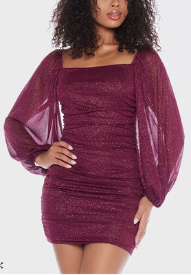 B Darlin Mini Dress Size M Sparkly Wine  Ruched Bodycon Sheer Puff Sleeve APR31