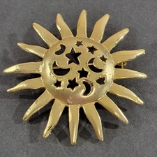 Vintage Sun Brooch Gold Tone Celestial Cutouts Crescent Moon Stars Astrology 2.5