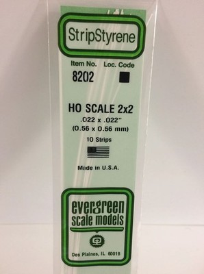 Evergreen 8202 Plasticcart HO Scale Strip 0,56x0,56x350mm 10 Polystyrene Leisten