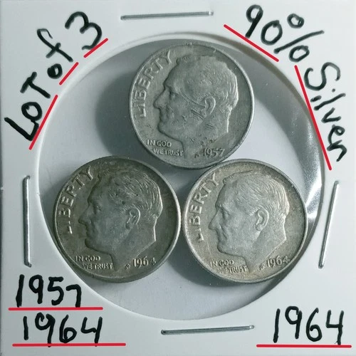 Lot of 3 Roosevelt Dimes 1957-1964-1964 90% Silver VG Condition Look &See &Judge