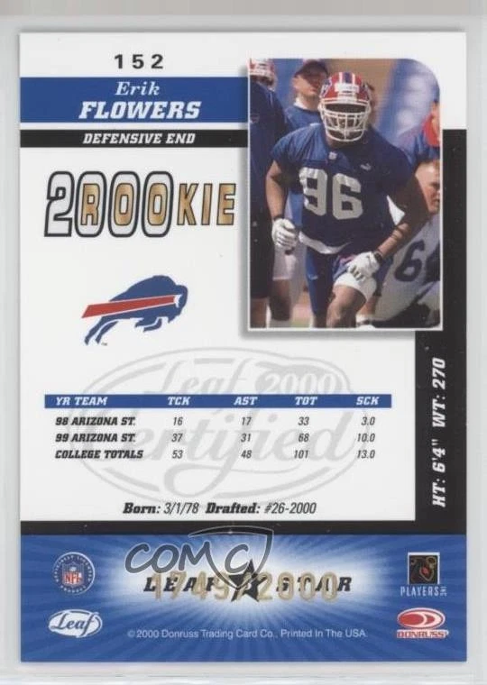 2000 Leaf Certified 2000 Rookie /2000 Erik Flowers #152 Rookie RC - Image 2 of 2