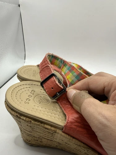 Crocs A Leigh Women's Size 8 Tangerine Leather Cork Wedge Slingback Sandals - Picture 4 of 11