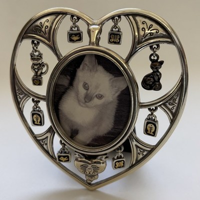 Brighton Heart Shaped Picture Frame Embellished With Cat Charms Silver Tone