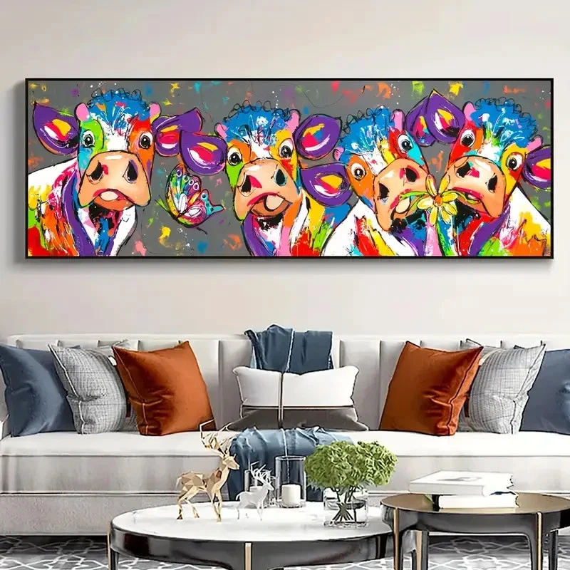 Panoramic Colorful COWS Fashion Animal Painting Canvas Wall Art Home Decor