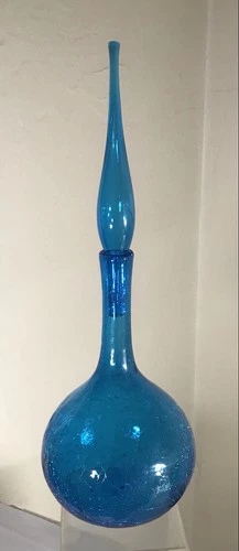VINTAGE BLENKO GLASS DECANTER 627L TURQUOISE CRACKLE WAYNE HUSTED 17"